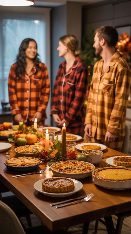 Guests dressed in cozy fall colors and festive outfits gathered at a dining table decorated with autumn florals and candles. They’re laughing and enjoying themed dishes — a fun Friendsgiving tradition for creative, memorable Thanksgiving celebrations.
