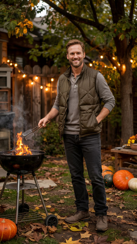 Man barbecuing in a backyard surrounded by fall leaves and pumpkins, wearing a green quilted vest, gray henley shirt, jeans, and gray boots; string lights glow behind him — casual Friendsgiving outfit idea for men who love outdoor gatherings.