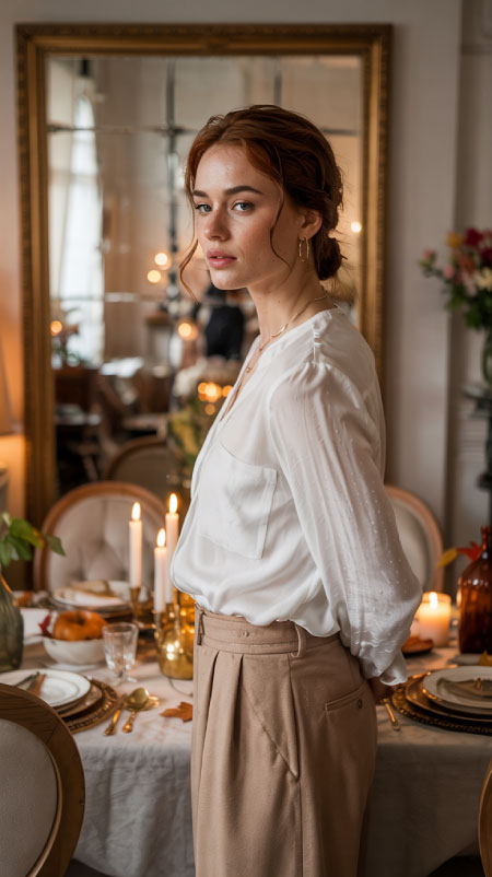 Thanksgiving outfit idea works for both daytime hosting and dinner parties. A soft ruffled or bow-tie blouse tucked into high-waist trousers gives feminine sophistication without sacrificing comfort. 