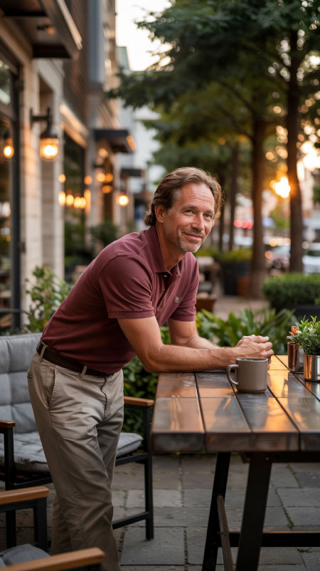 Man standing outside a small-town café on a brick-lined main street, leaning over a table with a cup of coffee beside him, wearing a burgundy collared polo shirt and khaki chinos — relaxed Thanksgiving outfit for men with classic style.