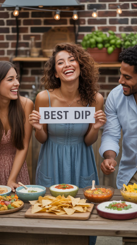 Friends gathered around a long buffet table filled with colorful dips, chips, and snacks during a “Dipsgiving” Friendsgiving event. Laughter and conversation fill the cozy indoor space decorated with string lights and seasonal decor.