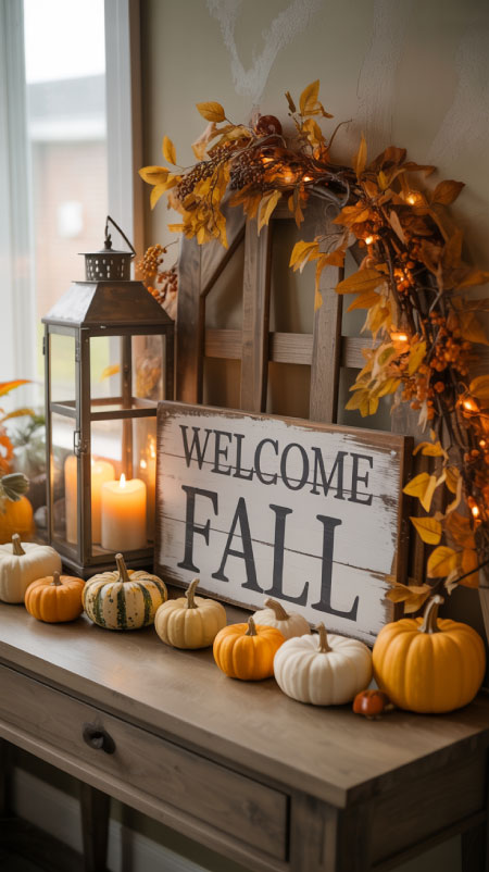 Entryway table with “Welcome Fall” wooden sign, lanterns, pumpkins, and a glowing fall garland in warm amber tones.