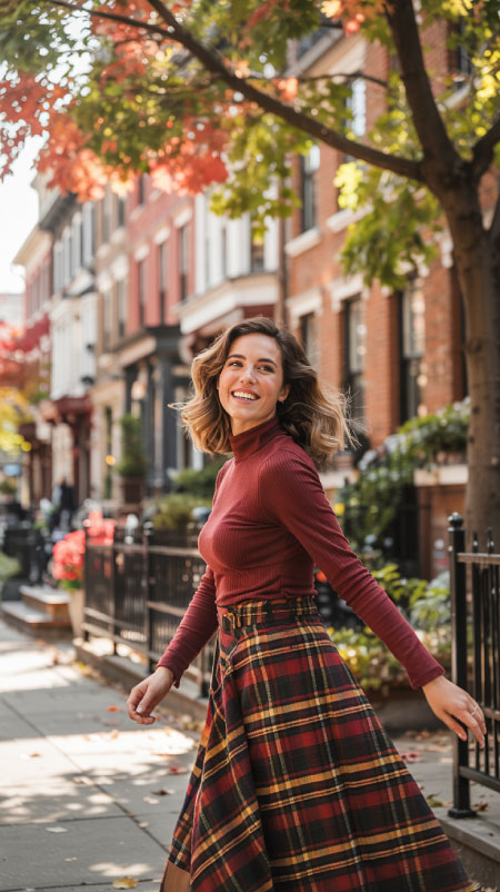 a plaid midi skirt paired with a fitted turtleneck creates that nostalgic holiday warmth. 