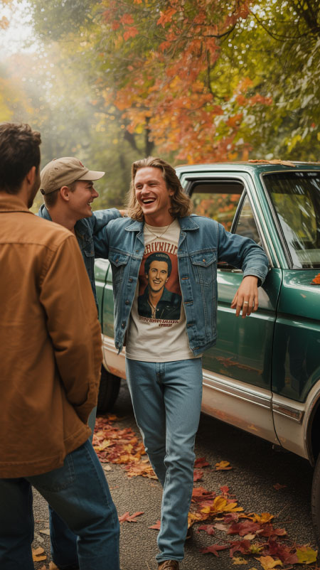 Young man with shoulder-length blonde hair leaning against a green pickup truck, wearing a graphic T-shirt, denim jacket, and jeans, chatting with friends on a fall day with leaves on the ground — laid-back Friendsgiving outfit with vintage cool.
