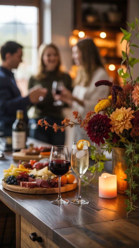 A warm kitchen scene with a charcuterie board, glasses of wine, and festive fall drinks arranged on a counter. Guests greet each other at a Friendsgiving welcome bar, creating a cheerful, relaxed start to their Thanksgiving celebration.