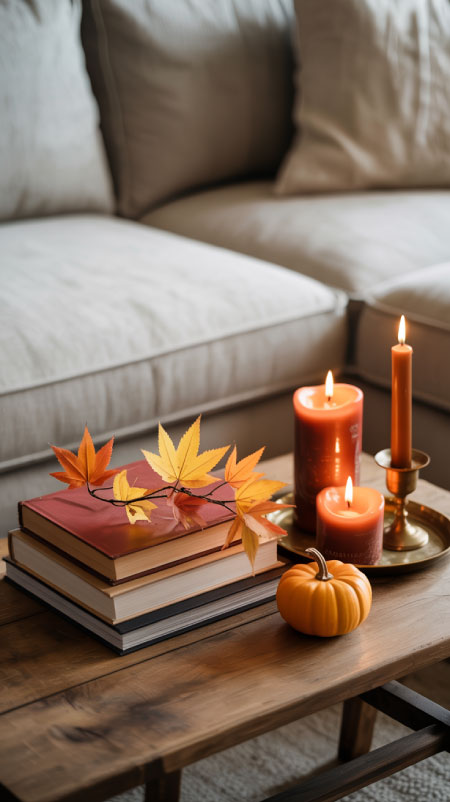 Coffee table decorated for fall with stacked books, candles, a small pumpkin, and faux maple leaves arranged beside a neutral sofa.