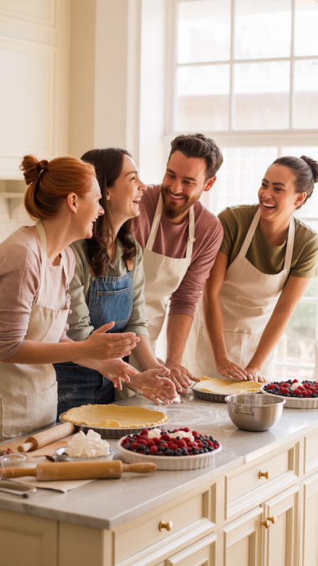 Group of friends cooking together in a bright modern kitchen, rolling dough and decorating pies for Friendsgiving dinner. Aprons, laughter, and soft lighting create a fun, shared Thanksgiving cooking experience.