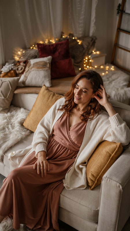 A flowy maxi dress in a muted floral or solid rust hue transitions beautifully from Thanksgiving dinner to evening relaxation. 