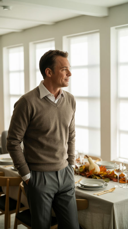 Man in a white collared shirt layered under a khaki V-neck sweater and gray trousers, standing near a dining table decorated with a Thanksgiving centerpiece — clean, polished men’s outfit for fall gatherings.