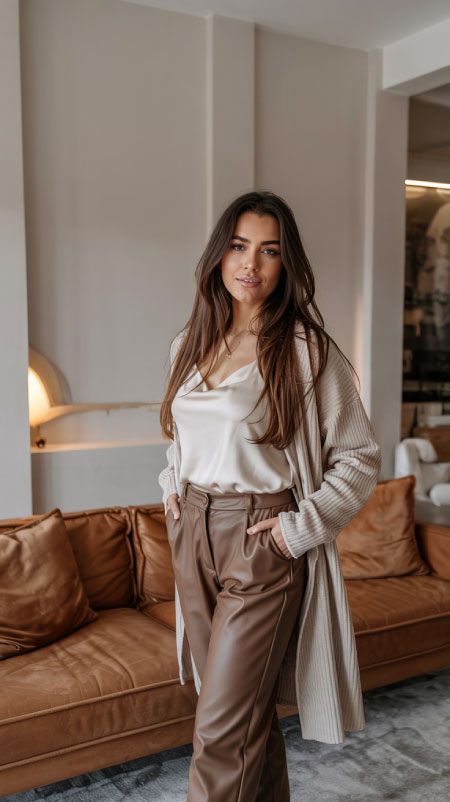 a longline cardigan with black or brown faux leather pants for that effortless yet stylish contrast. 
