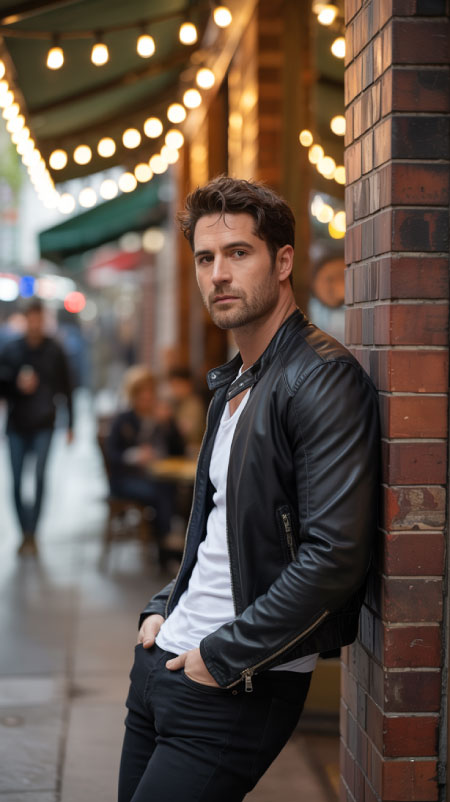 Man in a white collared shirt layered under a khaki V-neck sweater and gray trousers, standing near a dining table decorated with a Thanksgiving centerpiece — clean, polished men’s outfit for fall gatherings.