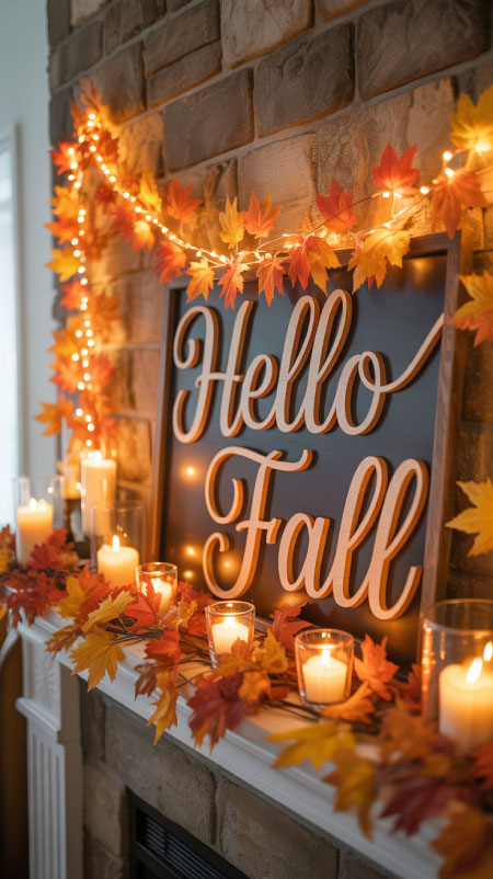 Fireplace mantel decorated with glowing maple garland lights, candles, and a large “Hello Fall” sign surrounded by faux leaves.