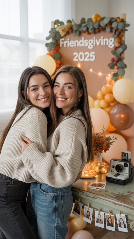 Two friends posing in front of a Friendsgiving 2025 photo backdrop decorated with balloons and twinkle lights. Instant photos hang from a string nearby, capturing joyful memories from a cozy fall celebration