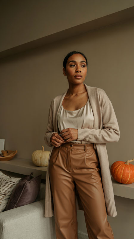 a longline cardigan with black or brown faux leather pants for that effortless yet stylish contrast. 