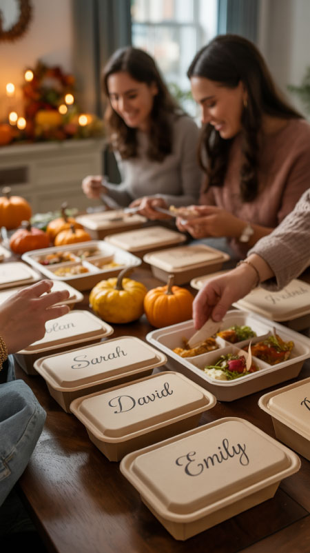 Guests sitting in a living room drawing cards from a “Gratitude Game” deck during a Friendsgiving night. Candlelight glows softly while friends share stories and laughter — a meaningful fall tradition celebrating thankfulness.