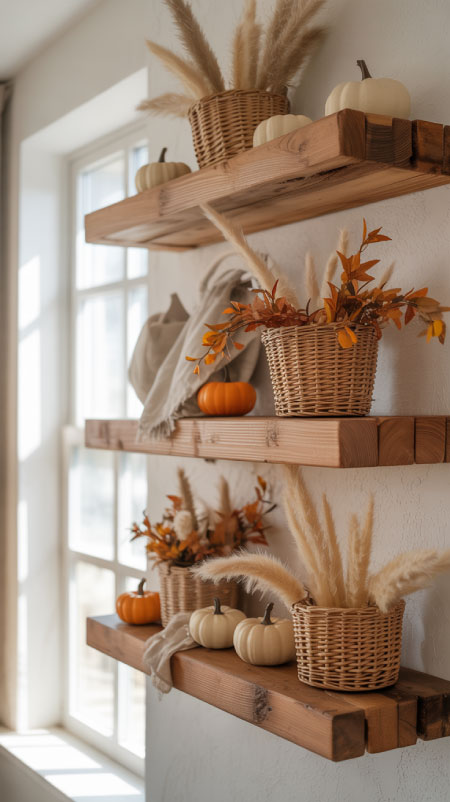 Floating wooden shelves styled with woven baskets, faux pampas grass, mini pumpkins, and fall florals in warm natural light.