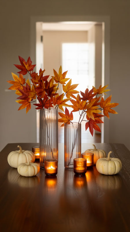 Dining table with two tall glass vases filled with faux maple leaf branches, surrounded by small white pumpkins and amber votive candles.