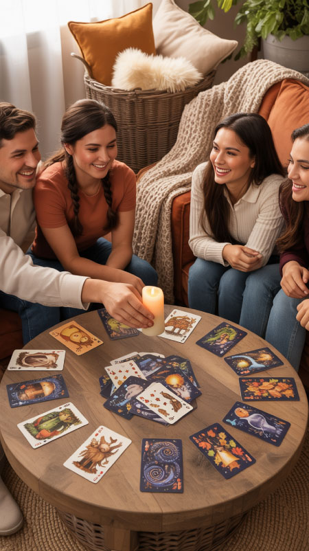 Guests sitting in a living room drawing cards from a “Gratitude Game” deck during a Friendsgiving night. Candlelight glows softly while friends share stories and laughter — a meaningful fall tradition celebrating thankfulness.