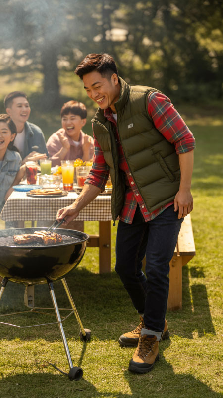 Asian man grilling hot dogs on a backyard grill while his family sits at a picnic table behind him, wearing an olive puffer vest, plaid flannel shirt, and jeans — outdoor Thanksgiving outfit for casual family gatherings.