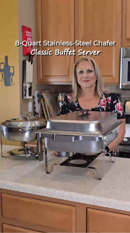 8-quart stainless-steel chafer with folding stand and lid clips set up on a kitchen buffet — overlay text reads “8-Quart Stainless Chafer | Party Essentials.”