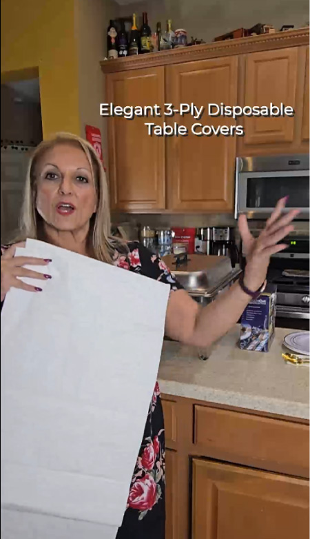 Disposable table covers with a linen feel and waterproof backing for any occasion.