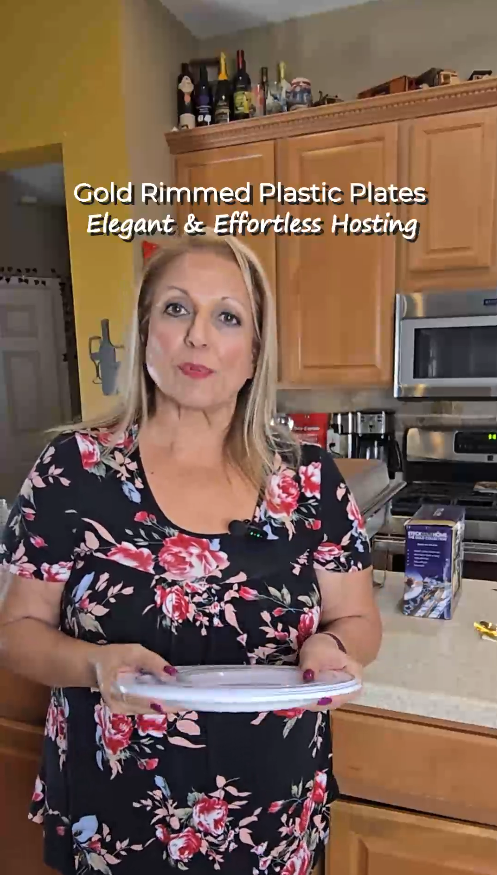 White and gold rimmed disposable plates styled on a table with gold utensils and linen napkins — overlay text reads “Gold Plastic Plates | Party Essentials.”