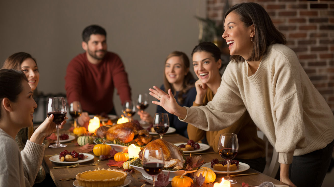 A diverse group of friends gathered around a modern dining table, laughing and serving food under warm lighting. The table is decorated with pumpkins, candles, and golden leaves, creating a cozy Friendsgiving atmosphere filled with gratitude and laughter.