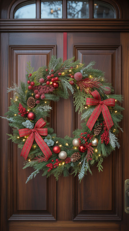A modern pre-lit Christmas wreath decorated with gold ornaments, warm white LED lights, and velvet ribbon hanging on a dark wood front door in a cozy suburban home