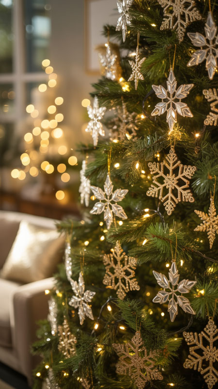 Close-up of crystal and gold snowflake ornaments hanging on a Christmas tree with warm bokeh lights in the background