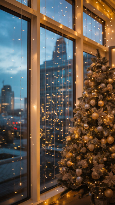 Floor-to-ceiling windows draped with warm golden LED curtain lights, creating a soft glowing backdrop in a modern holiday living room