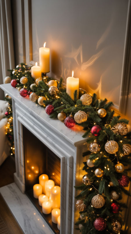 A decorated fireplace mantel featuring a lush pre-lit garland with gold and red ornaments, warm white lights, and candles, inside a modern holiday home