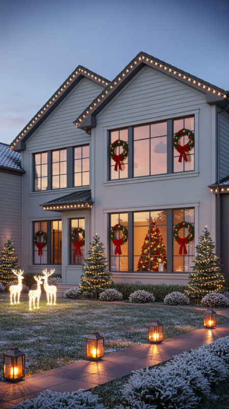 A suburban home decorated for Christmas with glowing outdoor reindeer and pathway lights, creating an elegant and festive nighttime display