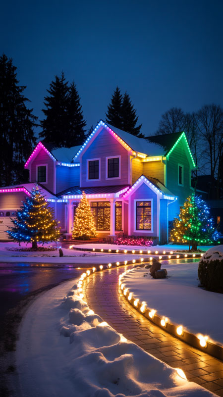 A modern two-story suburban home outlined with smart color-changing LED lights displaying multicolor gradients along the roofline and trees at night