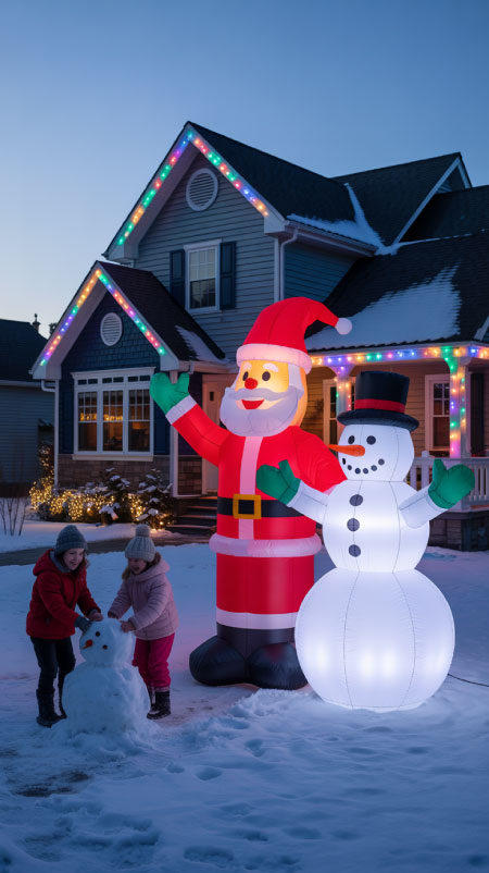 A front yard decorated with large glowing inflatable Christmas characters, including Santa and a snowman, illuminated at night