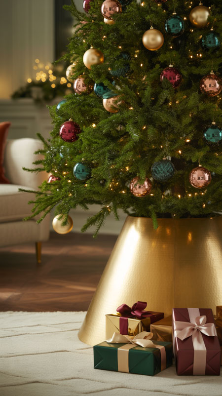 Close-up of a Christmas tree base wrapped in a brushed gold metal tree collar, surrounded by champagne-colored ornaments and wrapped gifts