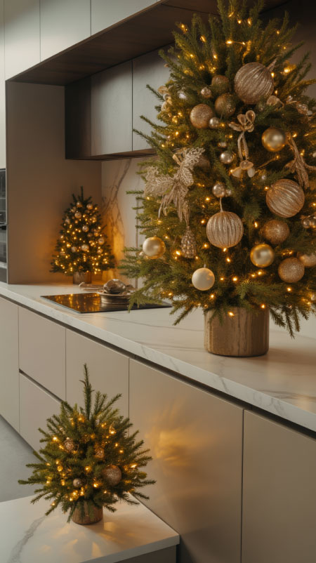 Small pre-lit Christmas trees placed on a kitchen counter and entry table, glowing with warm LED lights in a modern holiday home