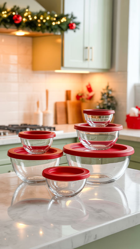 Glass mixing bowls with red lids on a kitchen counter beside cookies, with overlay text reading ‘Festive Mixing Bowls