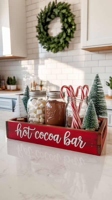 Wooden hot cocoa bar box on a white counter holding jars of marshmallows, cocoa mix, and candy canes, with a Christmas wreath and small trees in the background. Overlay text reads ‘Build a Cocoa Bar