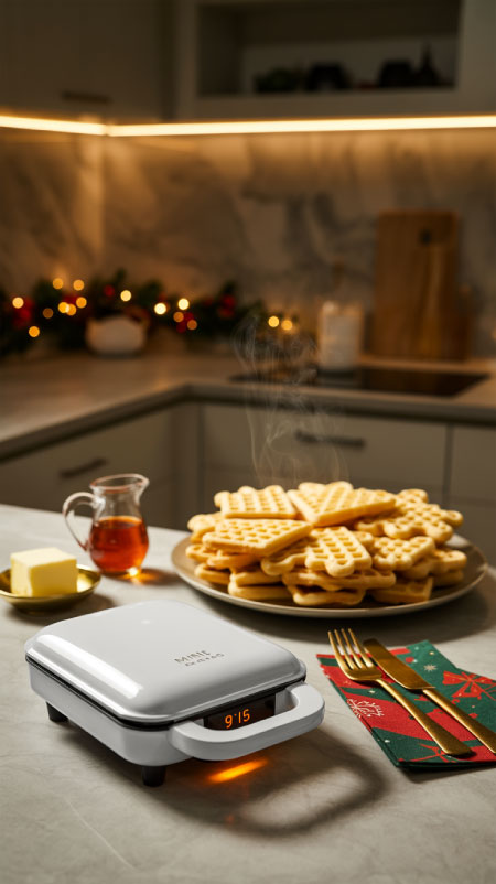 Snowflake mini waffle in small red waffle maker on plaid napkin, overlay text “Snowflake Waffle Fun.”