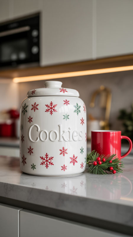 White ceramic cookie jar with Christmas greenery and a red mug beside it, with overlay text reading ‘Holiday Cookie Jar