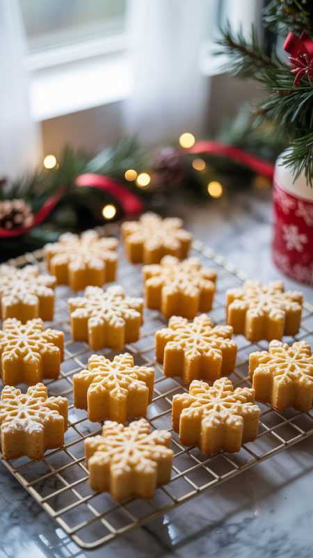 Mini snowflake cakes on rack dusted with powdered sugar, overlay text “Easy Snowflake Cakes