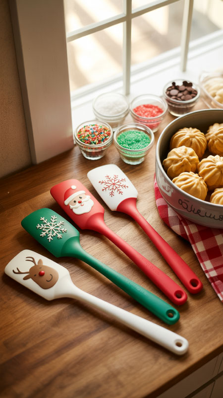 Red and green Christmas spatulas beside cookie dough, overlay text “Festive Spatula Set