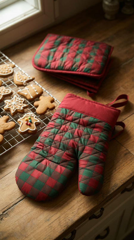 Festive oven mitts and pot holders beside cooling rack with cookies, overlay text “Christmas Oven Mitts