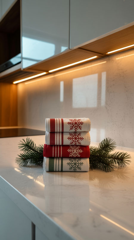 Red and plaid Christmas dish towels hanging on oven handle, overlay text “Festive Kitchen Towels