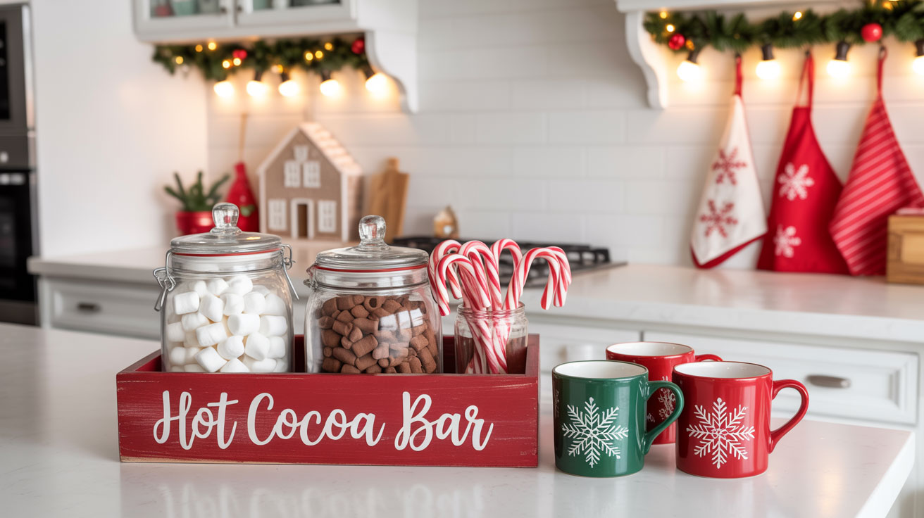 A modern Christmas kitchen with a red wooden ‘Hot Cocoa Bar’ tray holding jars of marshmallows, cocoa mix, and candy canes. Four red and green snowflake mugs sit on the counter, with a gingerbread house, festive red-and-white kitchen towels, and Christmas aprons hanging in the background. Warm lighting and greenery add a cozy holiday feel