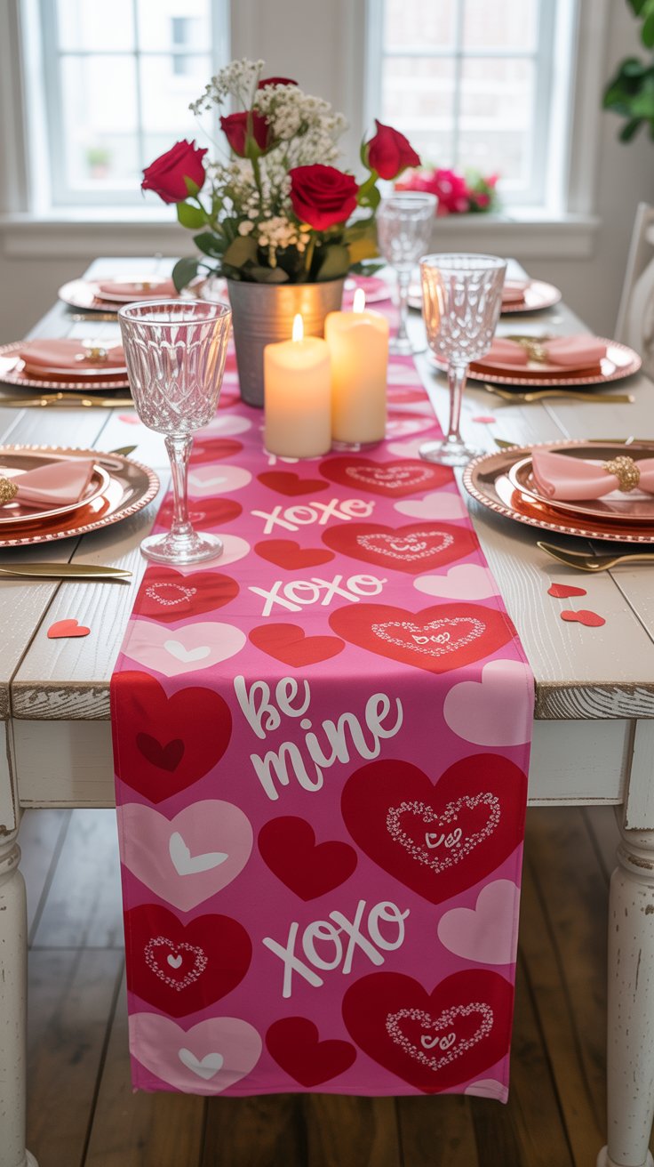 Valentine’s Day table runner with heart patterns and festive designs
