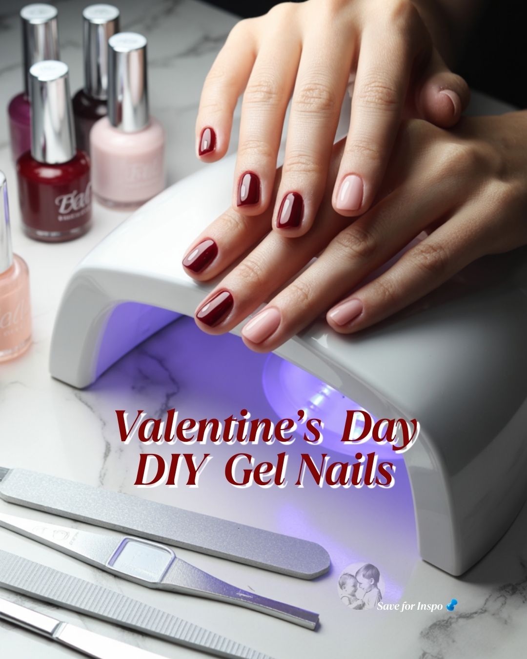 Hands resting on an at-home gel nail lamp while curing red and pink Valentine’s Day nails, with gel polish bottles and manicure tools arranged on a marble surface
