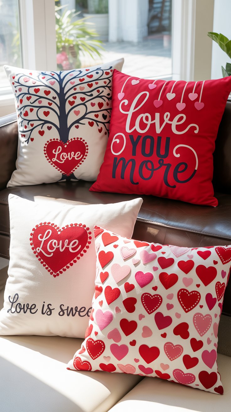 Valentine’s Day pillow covers with heart designs and red accents