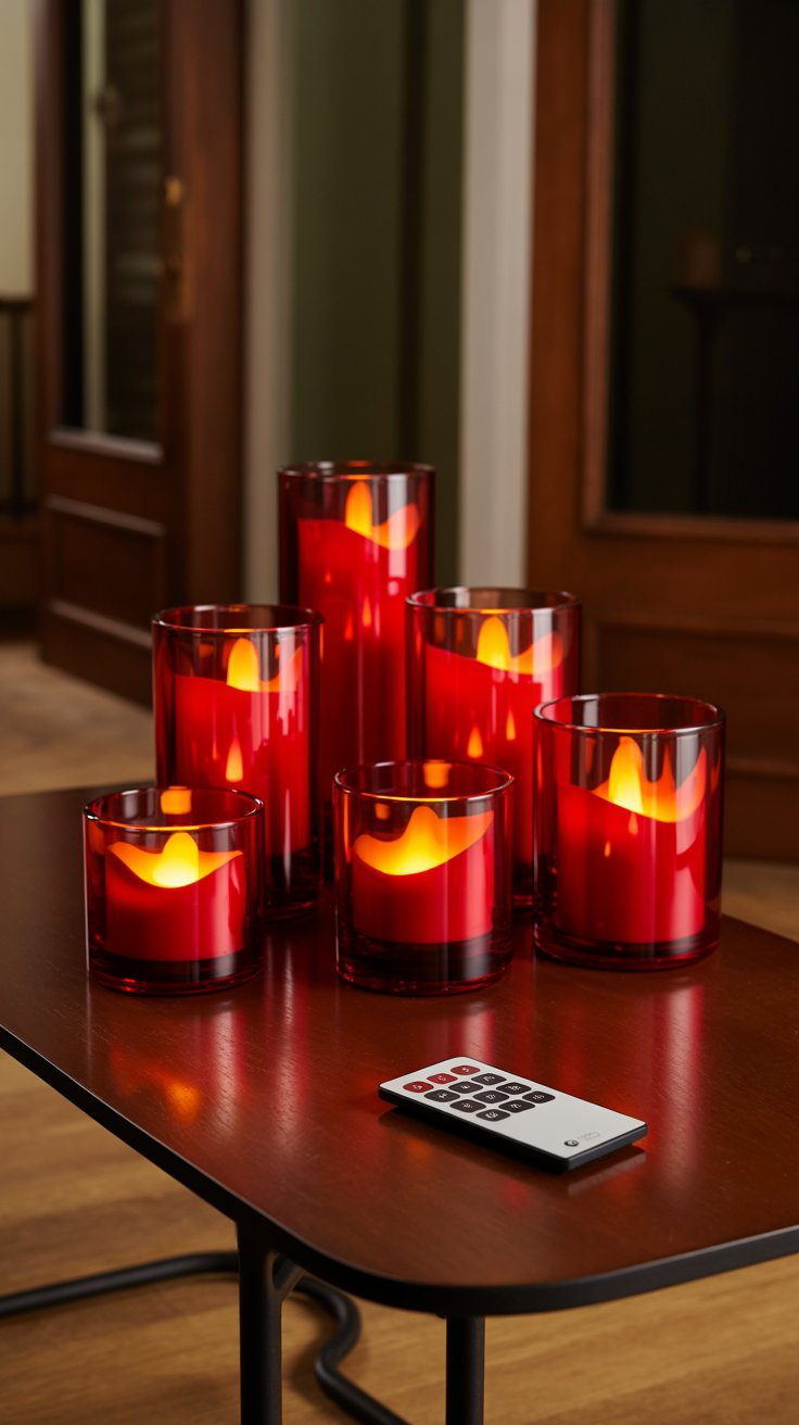 Red flickering candles add warmth and romance while still being easy to place anywhere in the home