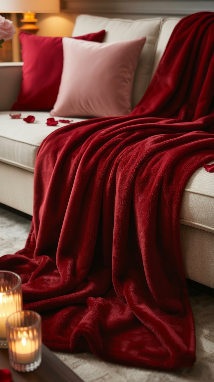 Red fleece Valentine’s Day throw blanket on a cream sofa with pink and red pillows